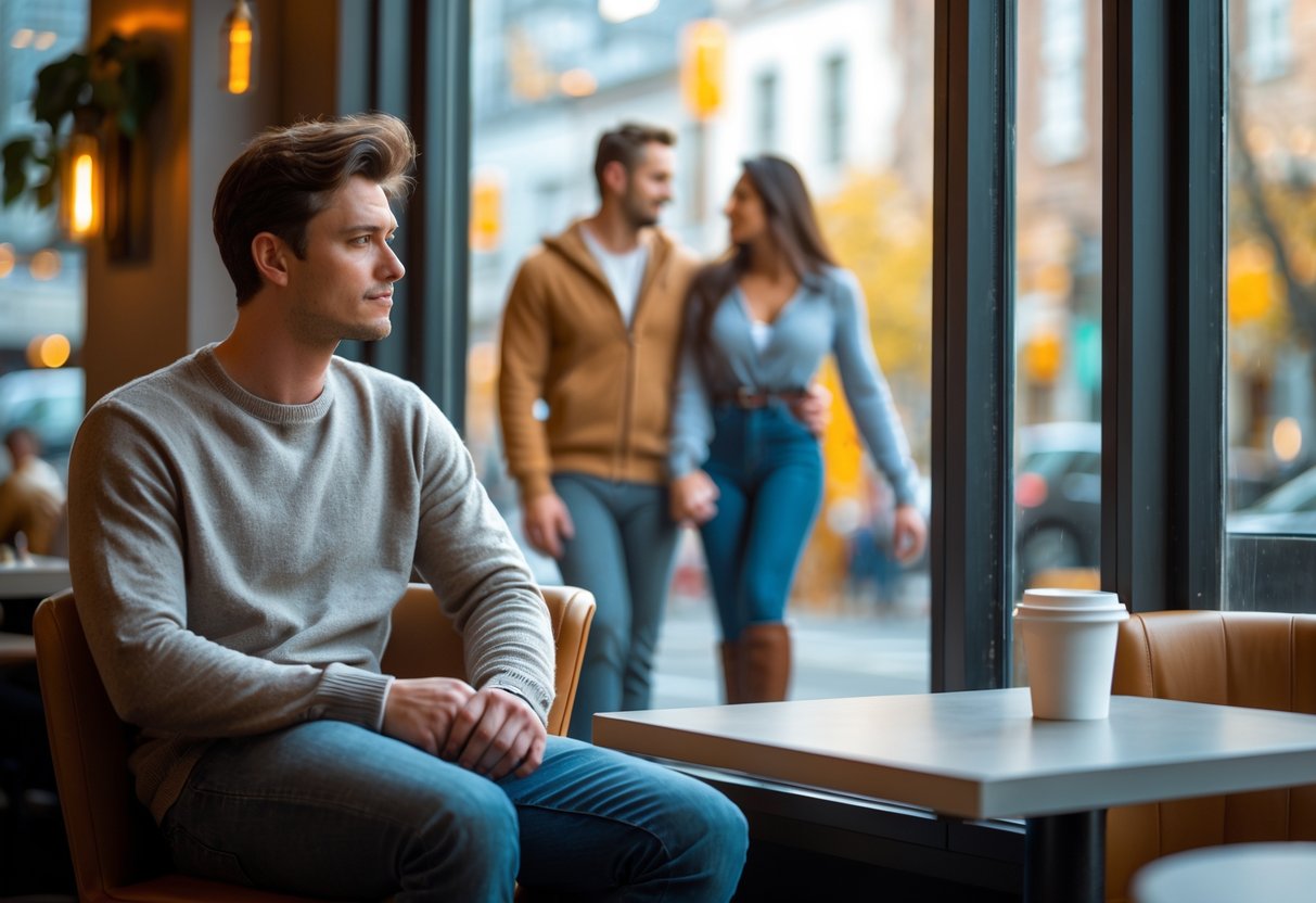 A young man sitting alone at a coffee shop table looking thoughtful while a happy couple walks by outside the window.