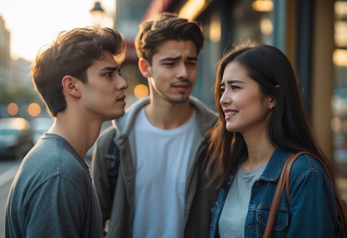 A young man looks sad and thoughtful while a nearby couple smiles and stands close together on a city street.