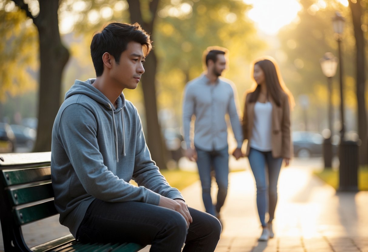 A young adult sitting alone on a park bench looking thoughtful while a happy couple walks together in the background.