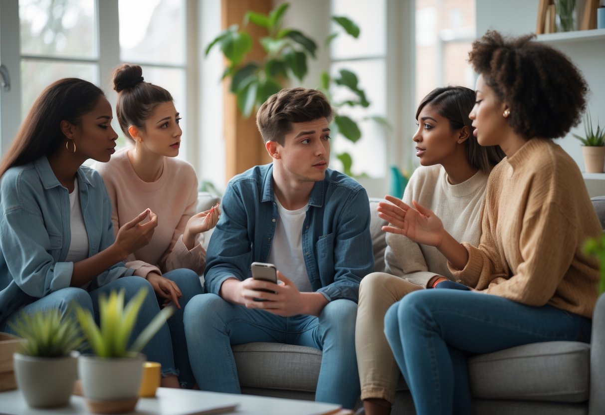 A young man sits on a sofa looking thoughtful while three friends talk to him supportively in a cozy living room.
