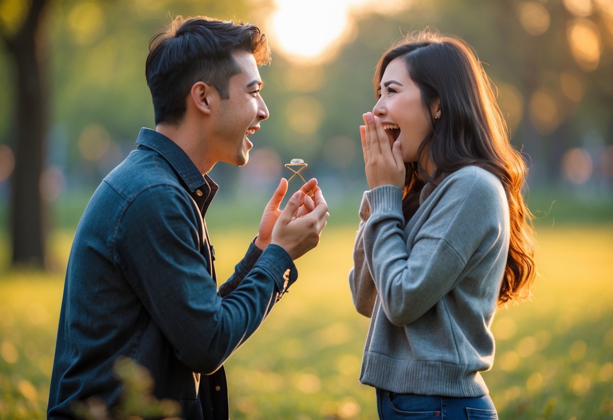 A young man proposes marriage to a surprised and emotional woman in a sunlit park.