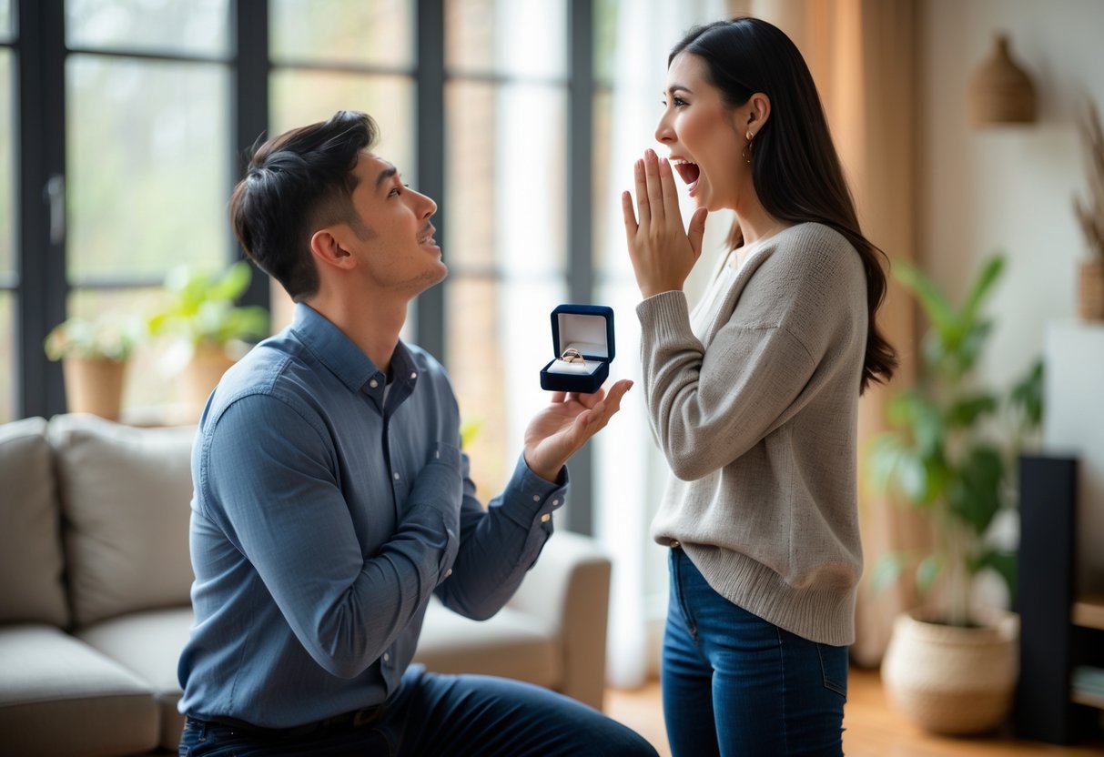 A man kneeling and proposing with a ring to a surprised woman in a cozy living room.