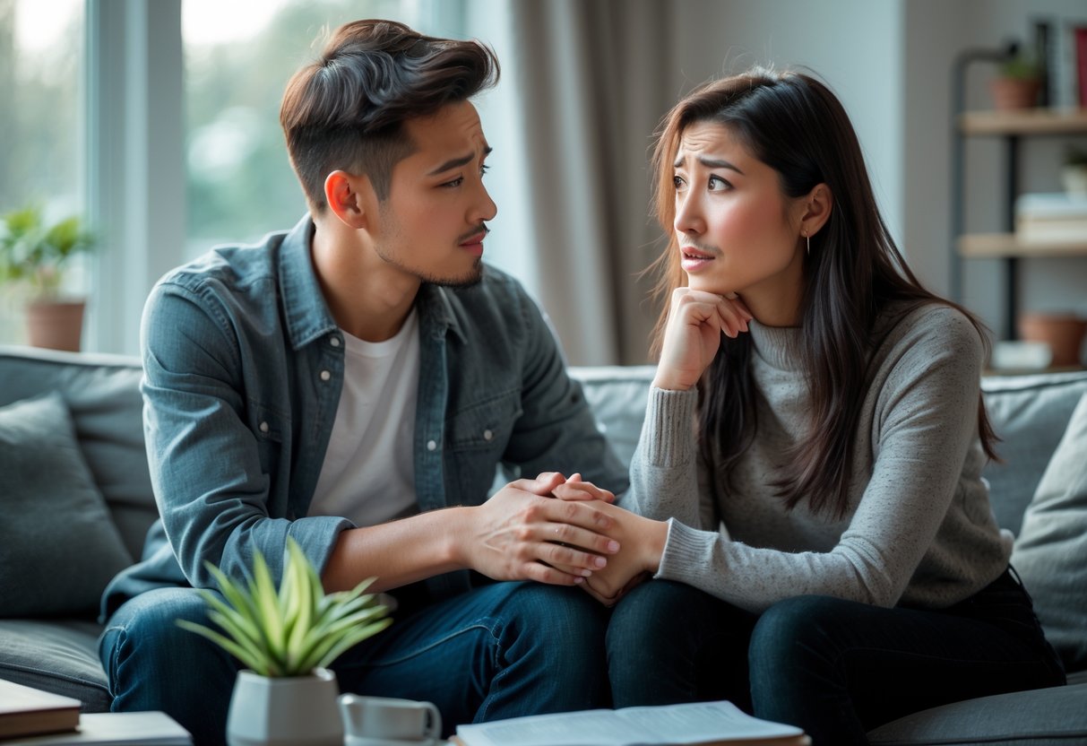 A young couple sitting together on a sofa in a living room, holding hands with thoughtful and uncertain expressions.