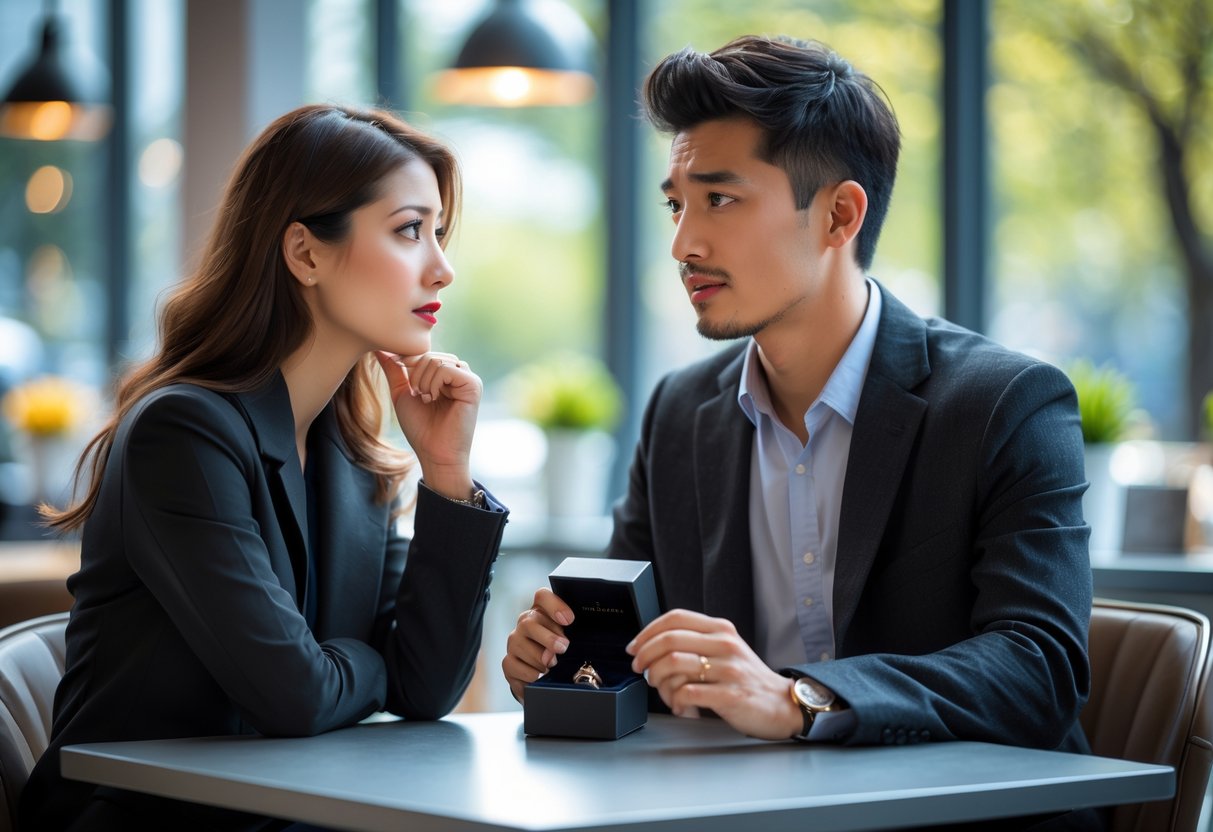 A young couple sitting at a café table having a serious conversation, with the man holding an open ring box and the woman looking thoughtful.
