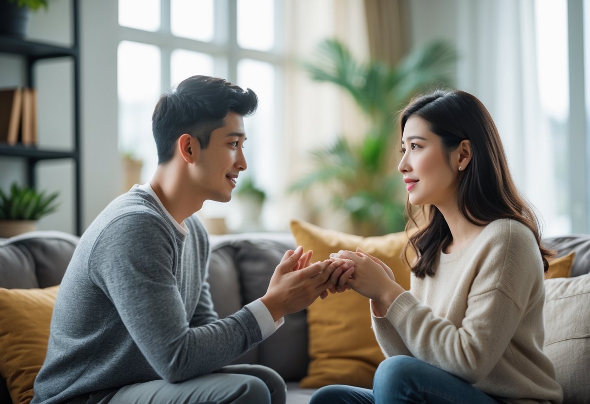 A young couple sitting in a living room, the man holding the woman's hands as they have a serious and emotional conversation.