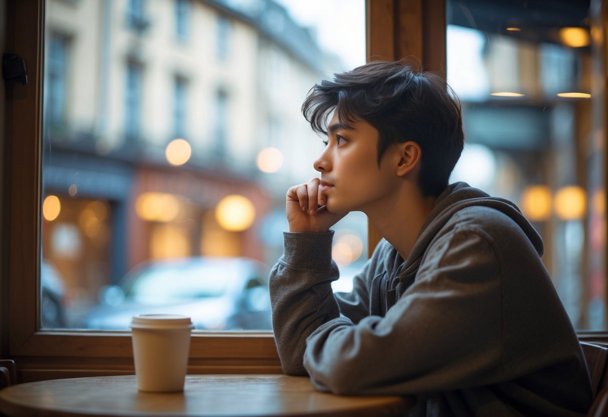 A young person sitting alone in a café, looking thoughtfully out of a window with a dreamy expression.