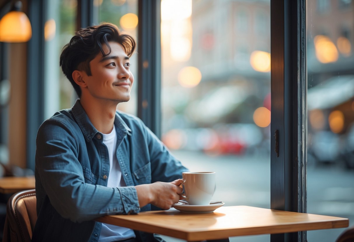 A young adult sitting at a café table by a window, looking thoughtfully outside while holding a cup.