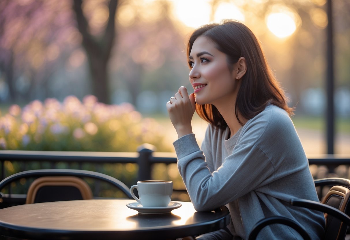 A young woman sitting at a café table outdoors, looking thoughtful and smiling softly while holding a coffee cup.