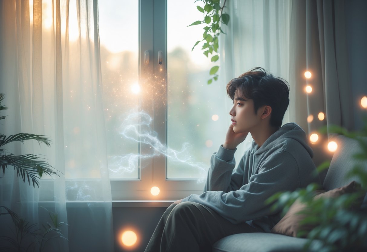 A person sitting quietly indoors, looking thoughtfully out a window with soft light and gentle glowing orbs around them.