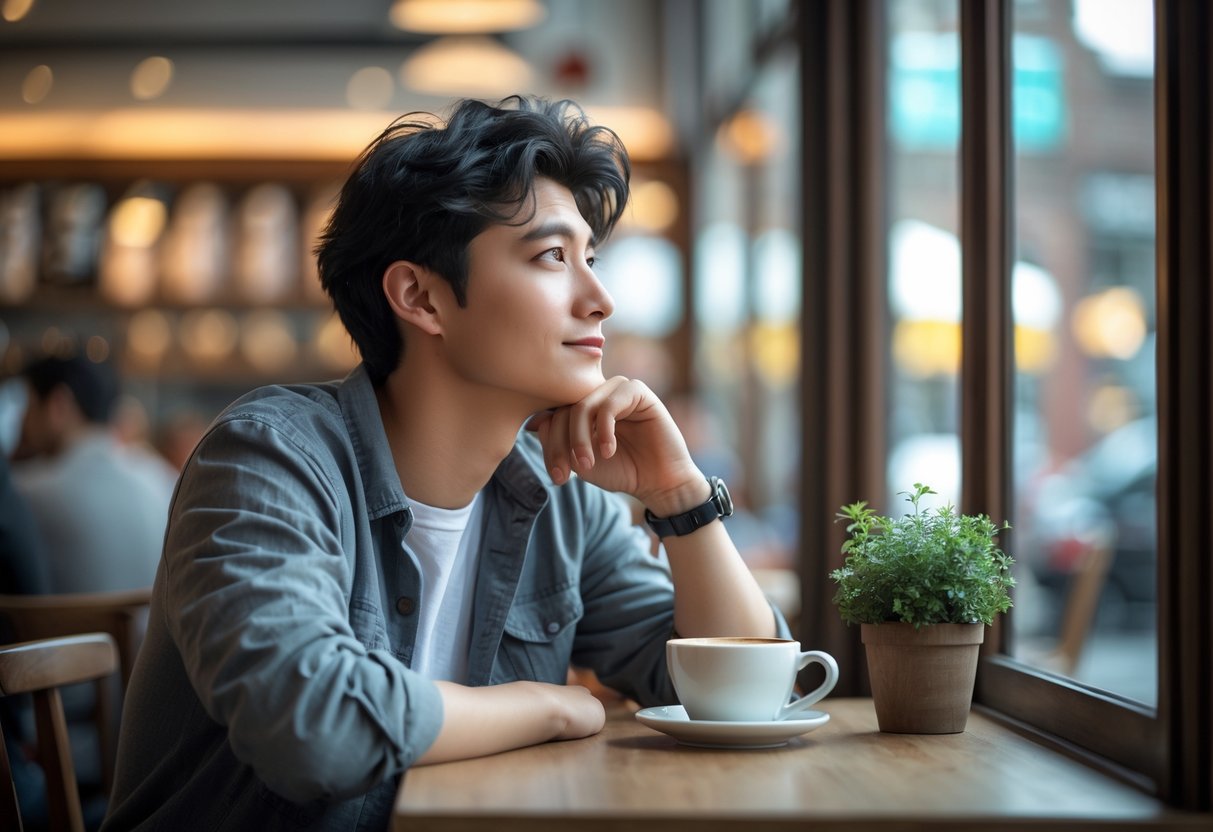 A young adult sitting alone at a café table, looking thoughtfully out the window while holding a cup of coffee.
