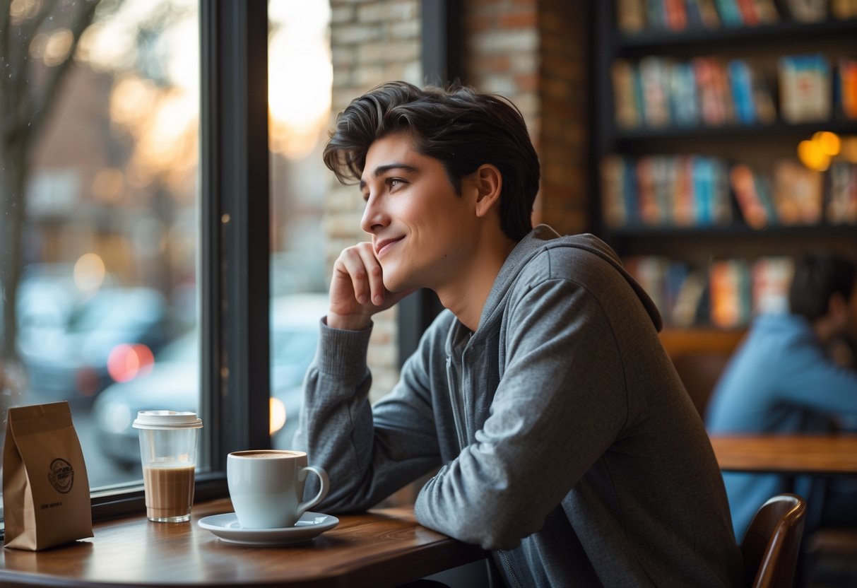 A young person sitting alone at a coffee shop table, looking thoughtfully out the window while holding a cup of coffee.