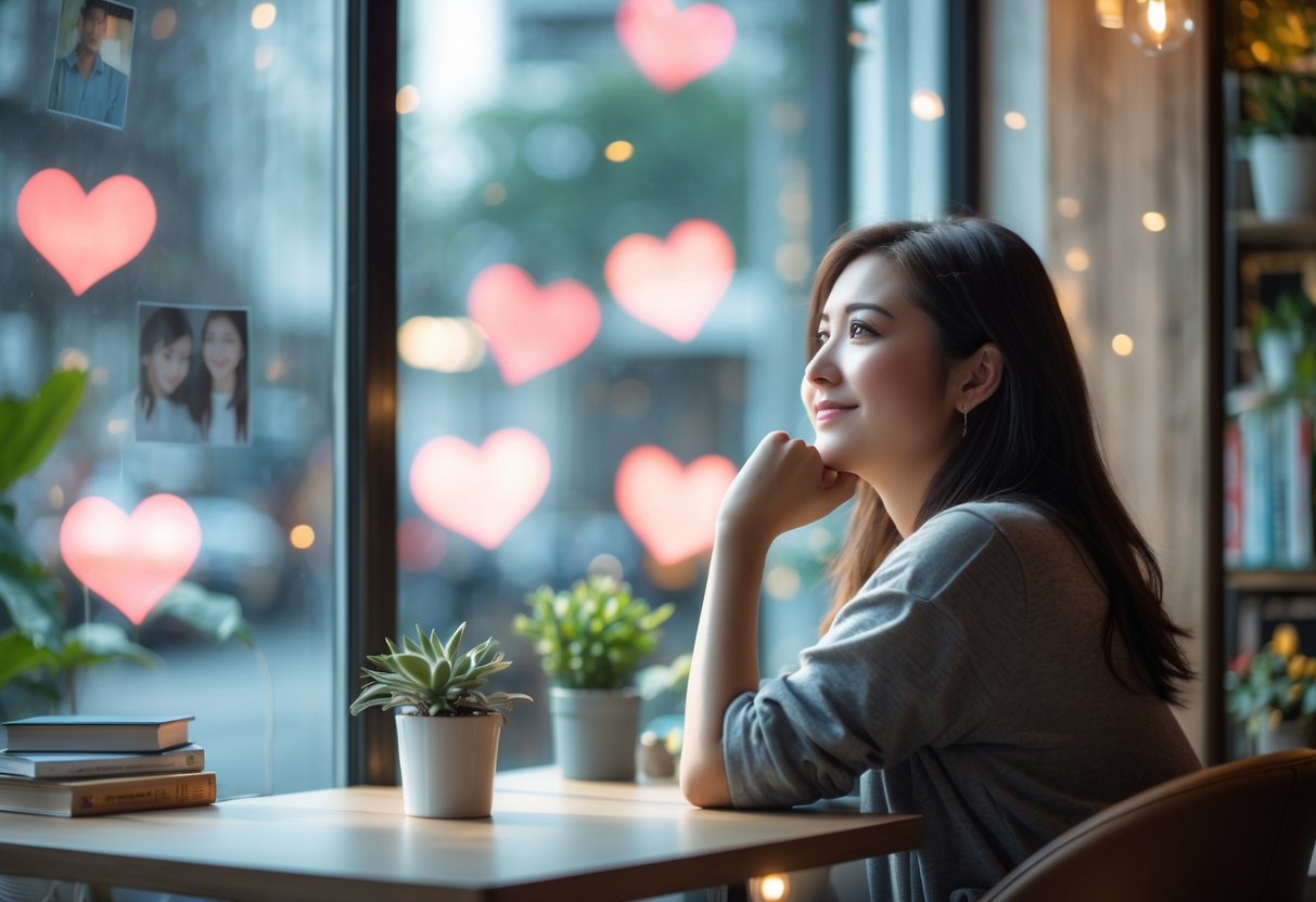 A young adult sitting at a cafe table, looking thoughtfully out a window with soft heart-shaped lights and faint faces reflected on the glass.
