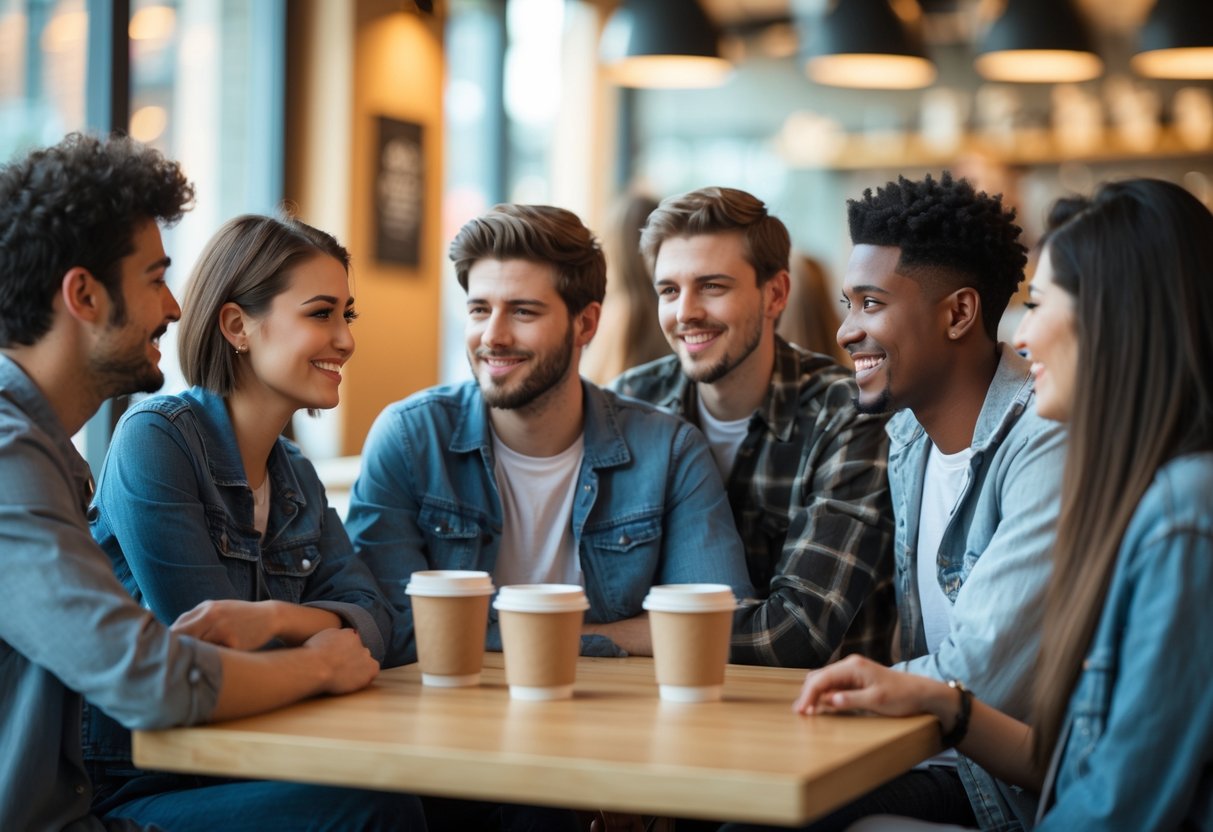 A group of young adults in a cafe smiling and interacting with each other, showing expressions of interest and admiration.