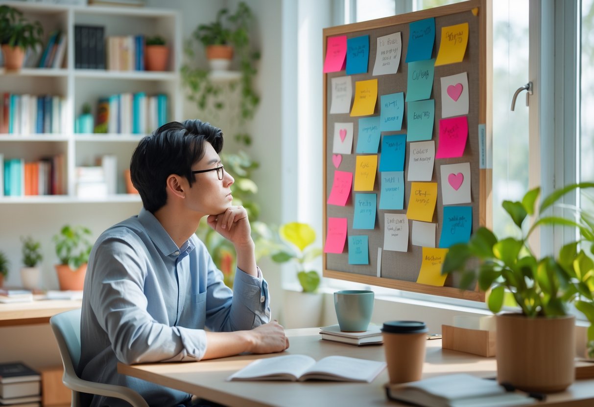 A young adult sitting at a desk looking thoughtfully at a wall with colorful notes and heart icons representing multiple crushes.