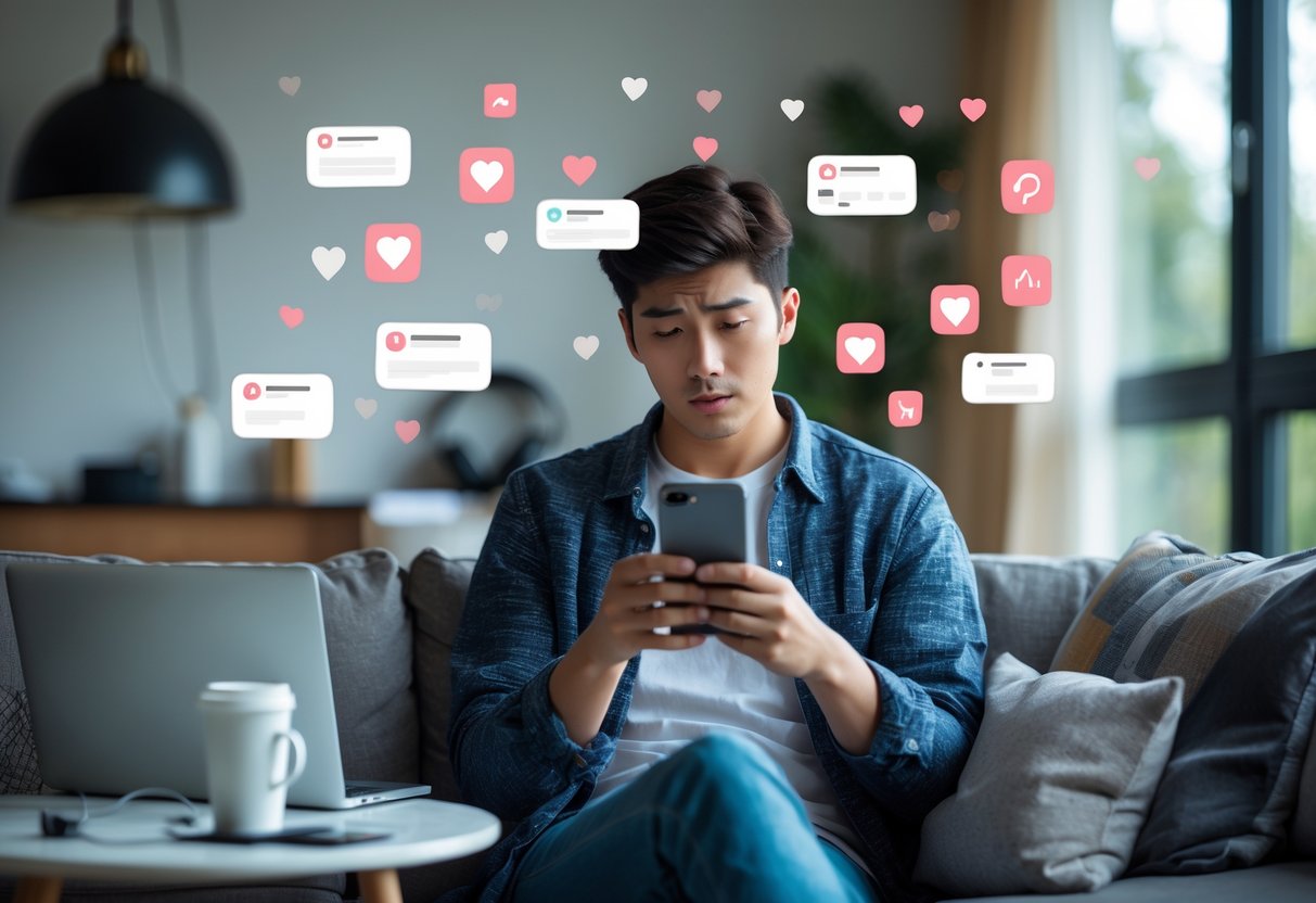 A young adult sitting in a living room holding a smartphone with digital icons floating around, looking thoughtful and reflective.