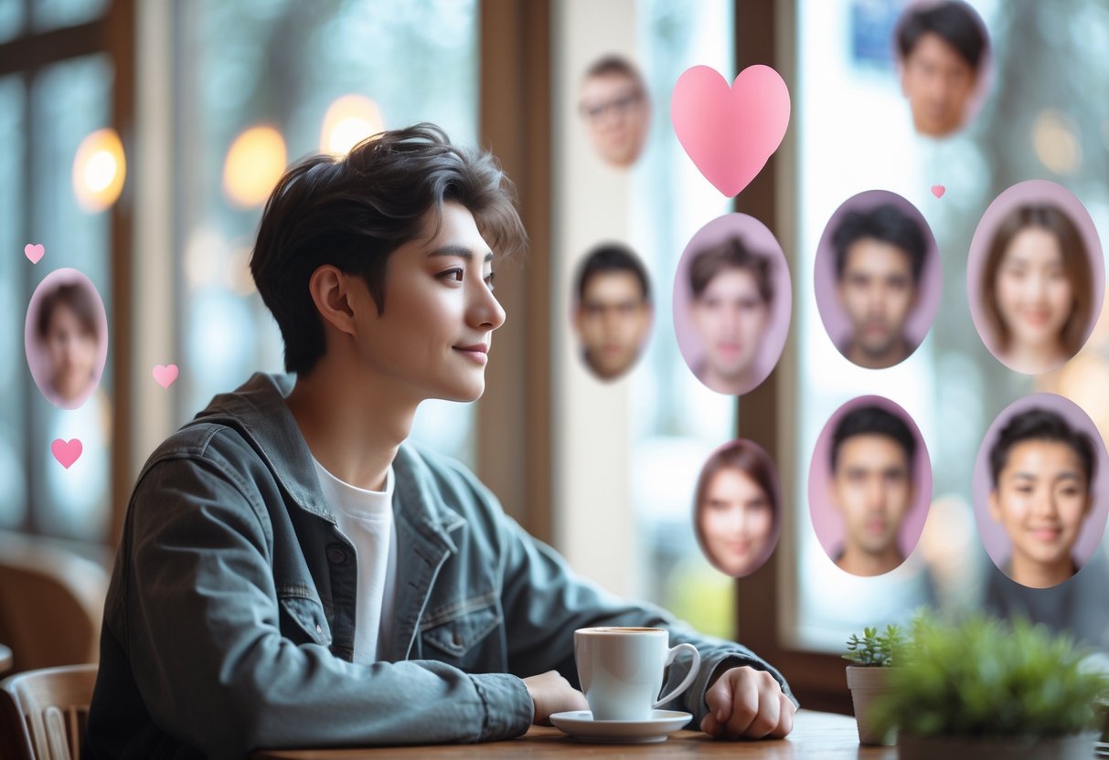 A young adult sitting thoughtfully at a café table with soft heart shapes and blurred faces in the background, appearing calm and reflective.