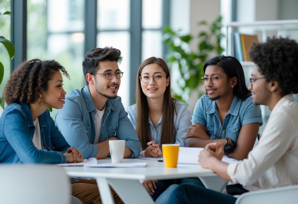 A group of young adults having a thoughtful discussion in a bright office with large windows and plants.