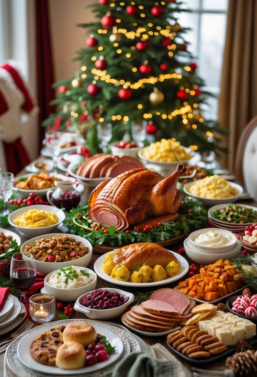 A festive Christmas dinner table filled with a variety of traditional holiday dishes and decorated with candles and pine garlands.