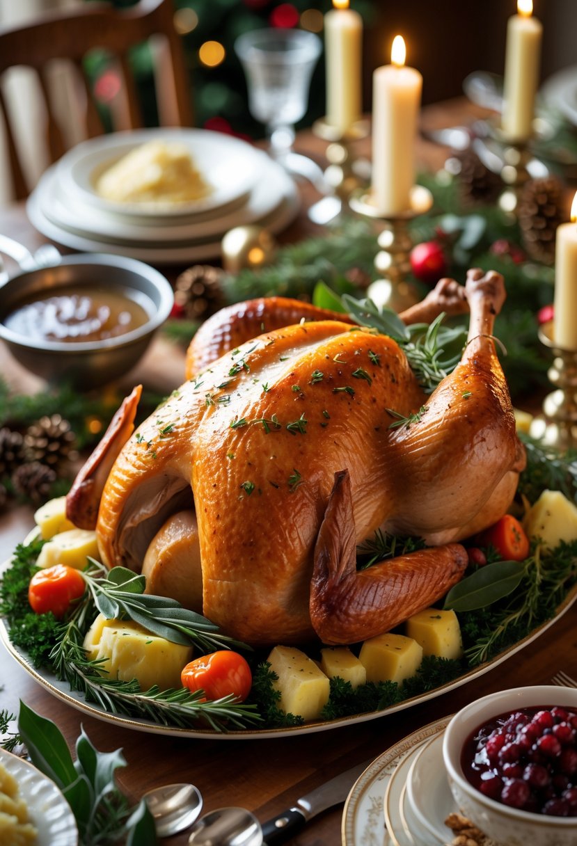 A golden roast turkey on a festive dinner table surrounded by traditional holiday side dishes and Christmas decorations.