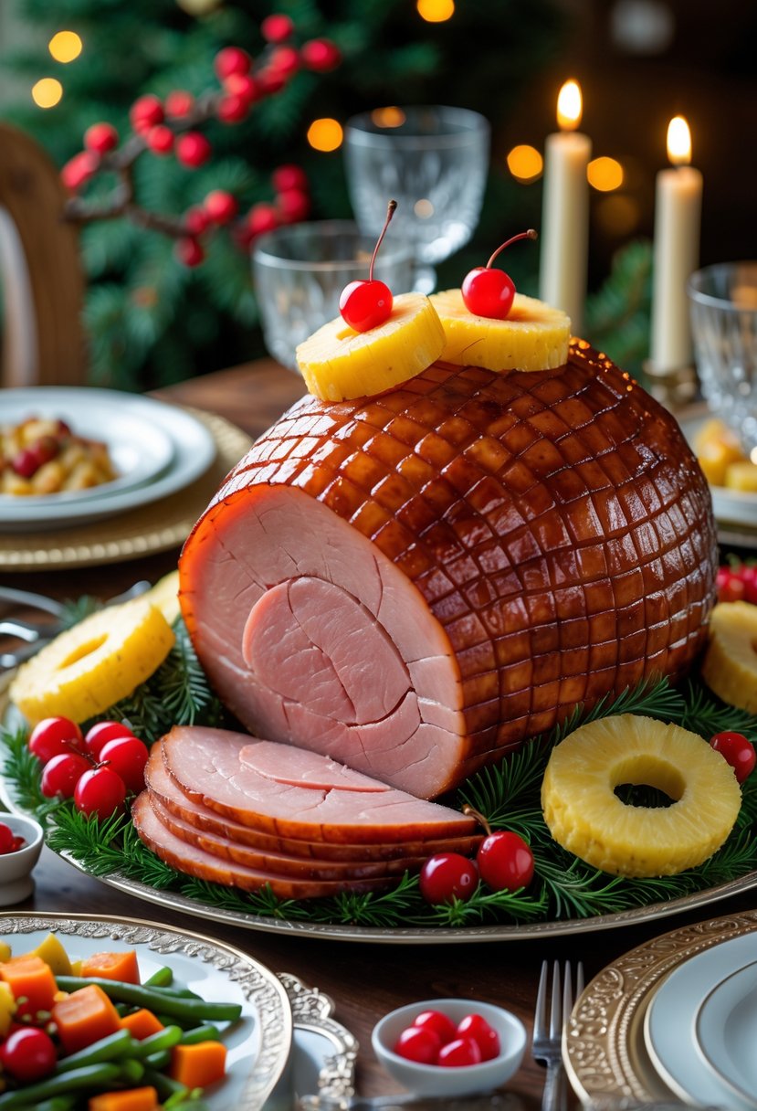 A honey-glazed ham garnished with pineapple rings on a festive dining table with side dishes and holiday decorations.