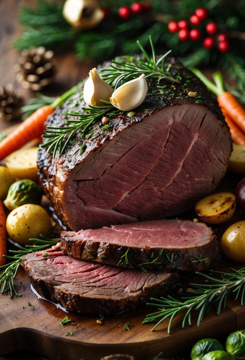 A sliced prime rib roast garnished with garlic and rosemary on a wooden board surrounded by roasted vegetables and festive holiday decorations.
