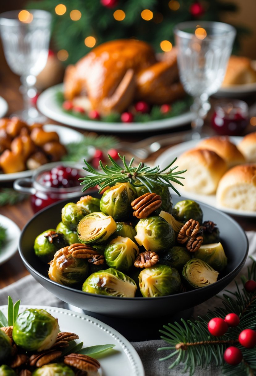 A bowl of maple-glazed Brussels sprouts on a Christmas dinner table surrounded by holiday dishes and festive decorations.