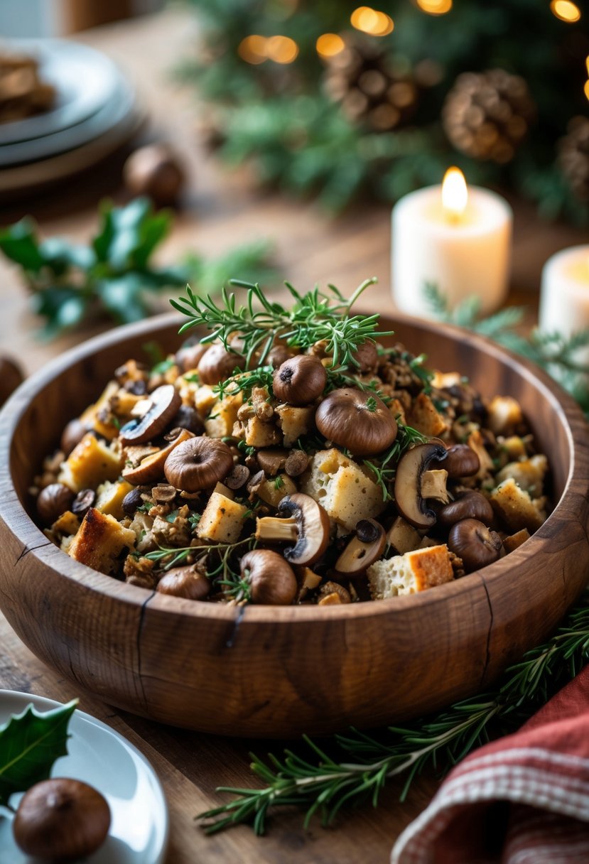 A wooden dish filled with mushroom and chestnut stuffing garnished with fresh herbs on a festive table with holiday decorations.