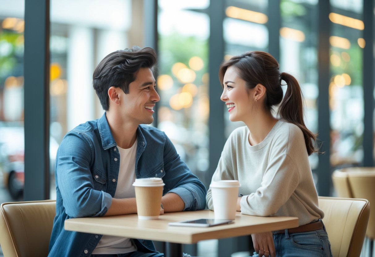 A man and a woman sitting across from each other at a café table, smiling and making eye contact, showing a moment of instant connection.