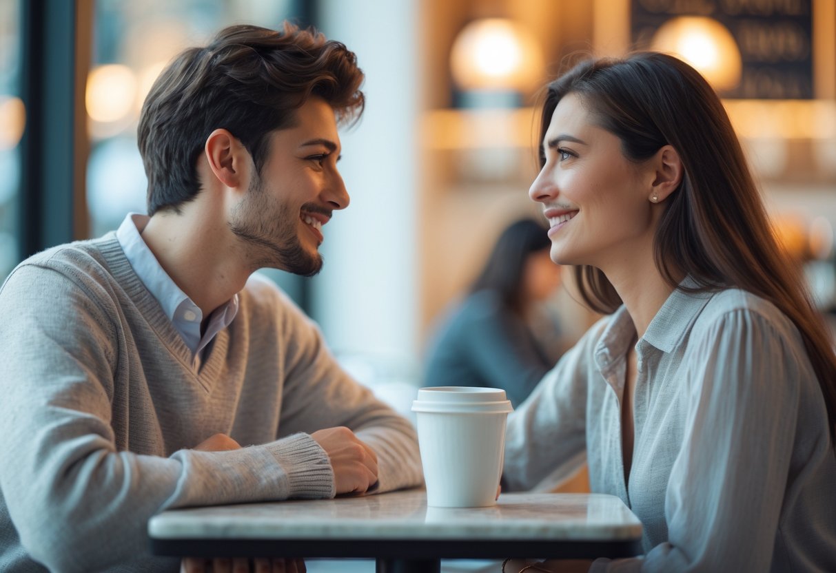 A man and a woman making eye contact and smiling at each other across a table in a cafe.