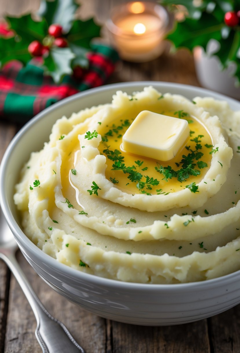 A bowl of creamy garlic mashed potatoes garnished with parsley and butter on a wooden table with festive Christmas decorations in the background.