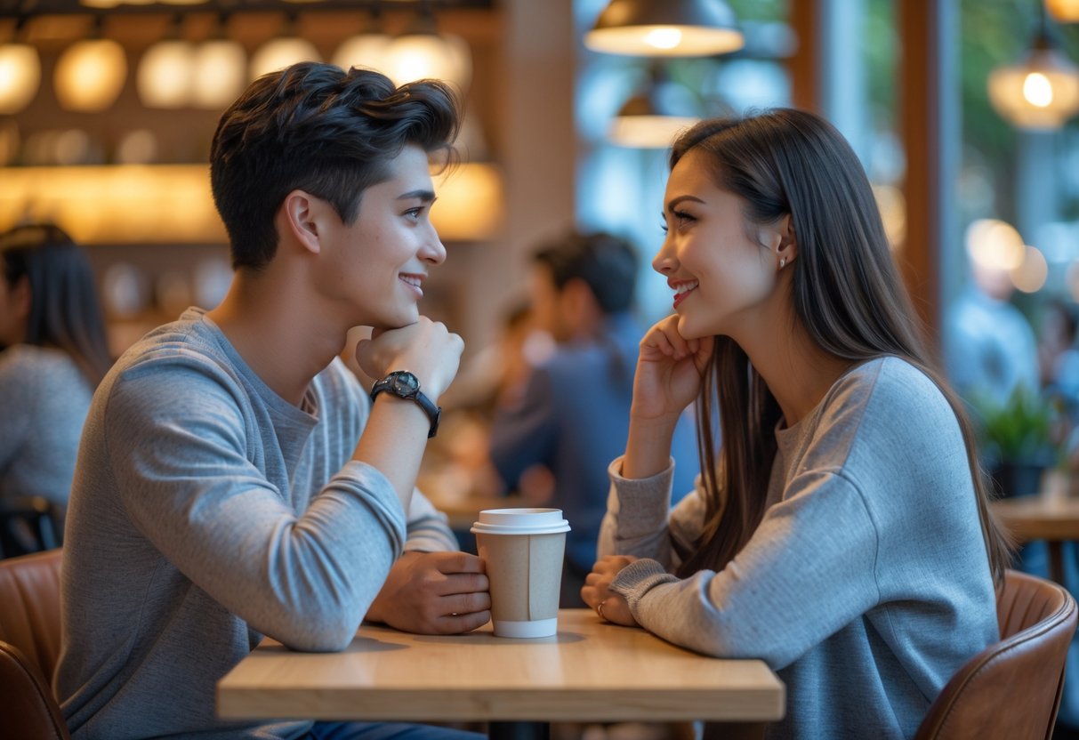 A young man and woman sitting across from each other in a café, making eye contact and smiling softly, showing mutual interest.