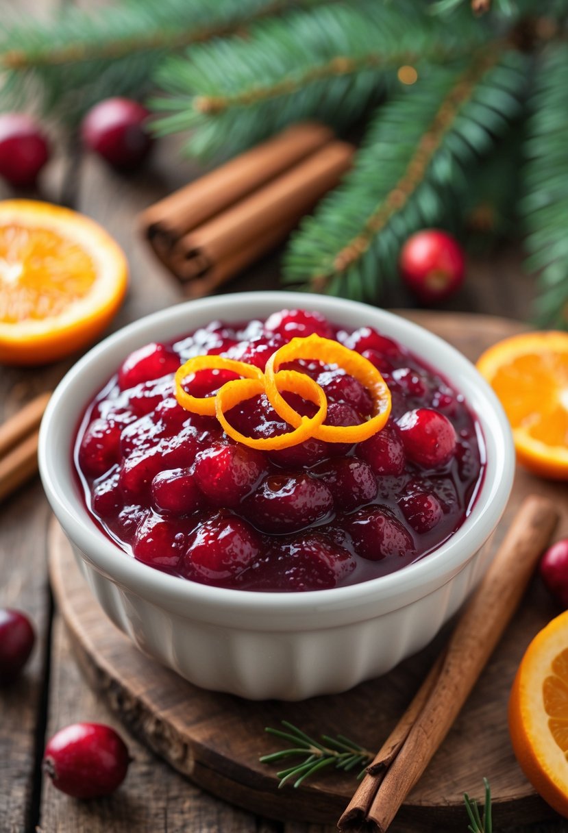 A bowl of cranberry sauce topped with orange zest on a wooden table surrounded by Christmas decorations.