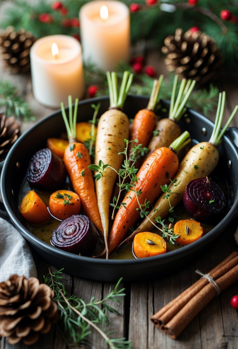 A dish of roasted root vegetables garnished with thyme on a wooden table with festive decorations around it.