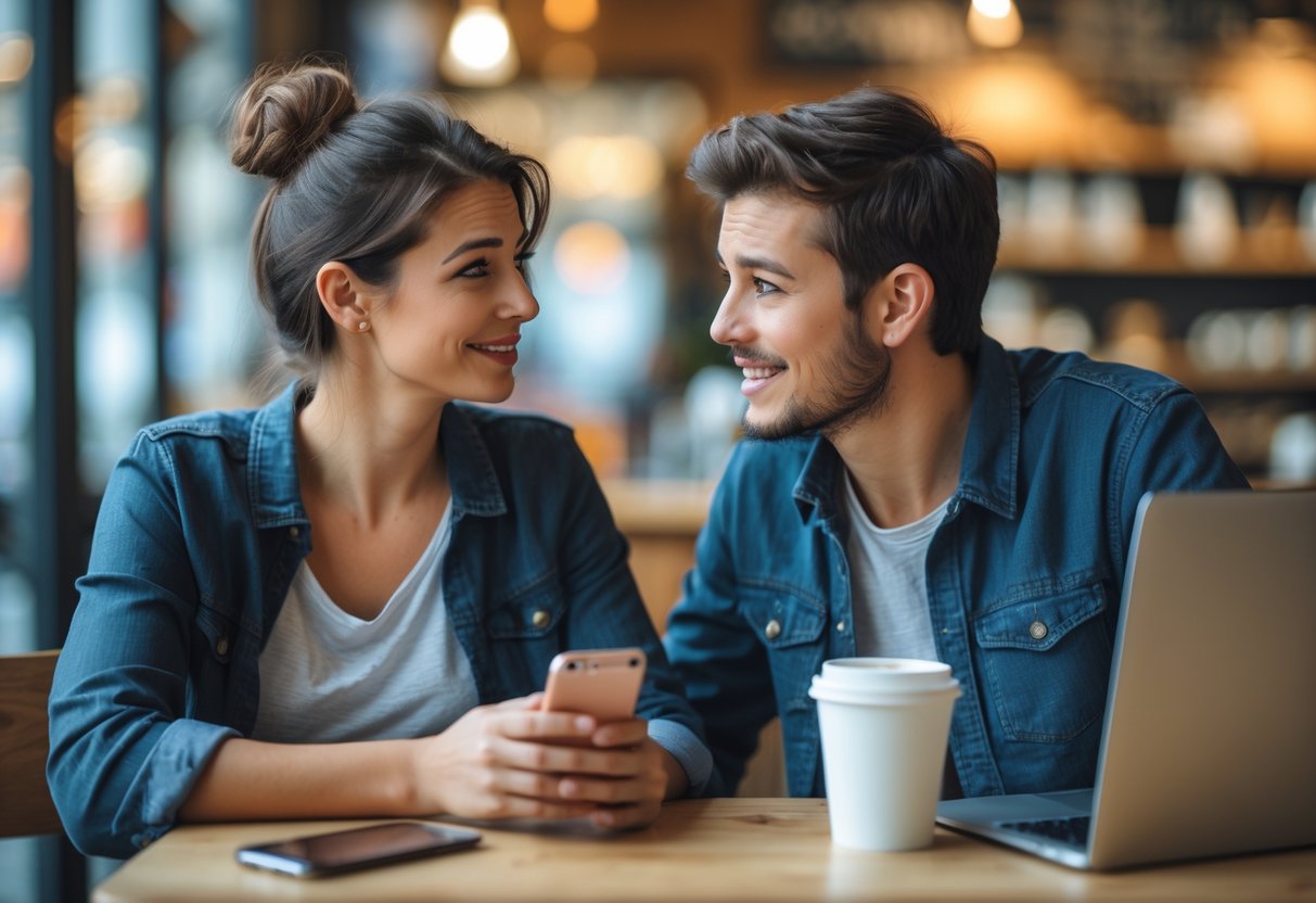 A young woman and man sitting at a coffee shop table, looking at each other with shy smiles as they meet for the first time.