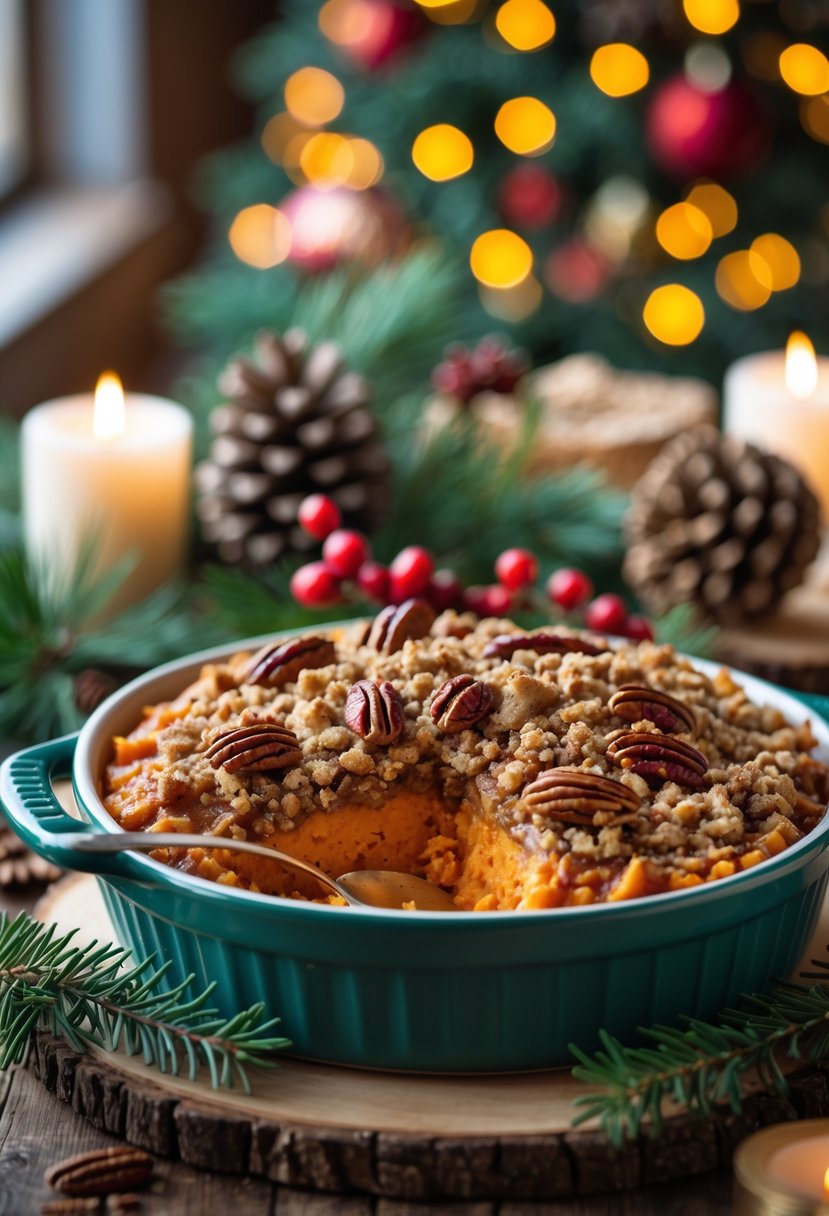 A sweet potato casserole with pecan topping in a ceramic dish on a wooden table surrounded by Christmas decorations.