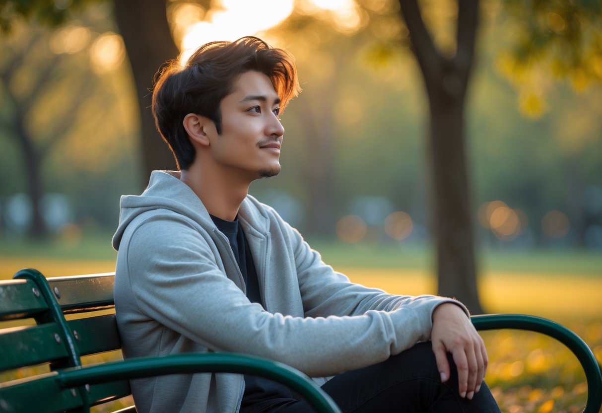 A young adult sitting alone on a park bench, looking thoughtfully into the distance with a gentle smile during sunset.