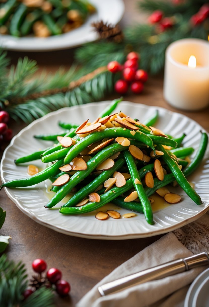 A plate of green bean almondine with toasted almonds on a festive Christmas dinner table with holiday decorations and warm lighting.