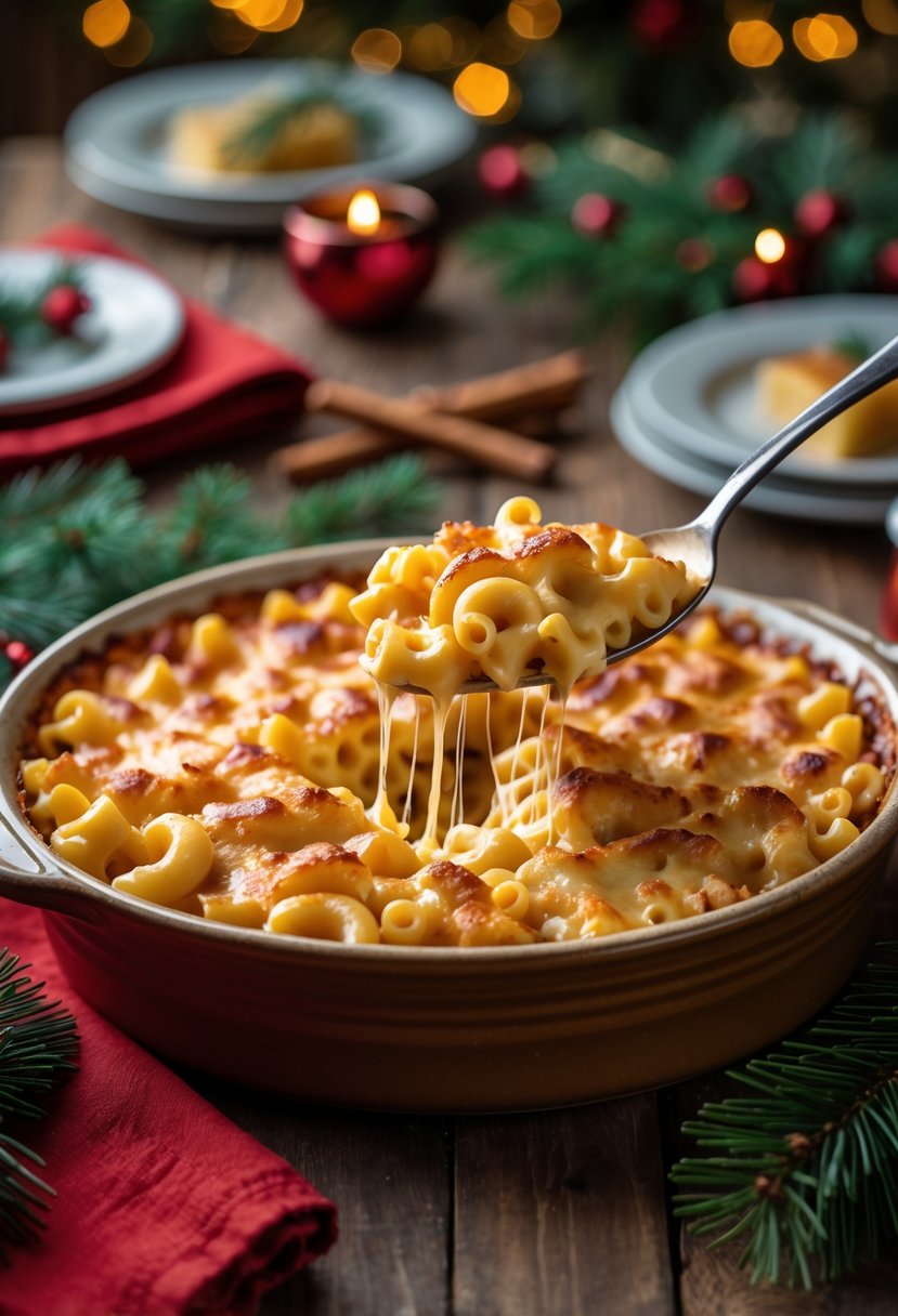A baked macaroni and cheese dish on a wooden table with Christmas decorations in the background.