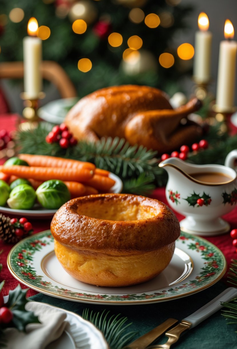 A festive Christmas dinner table with golden Yorkshire puddings, roasted turkey, vegetables, and holiday decorations.