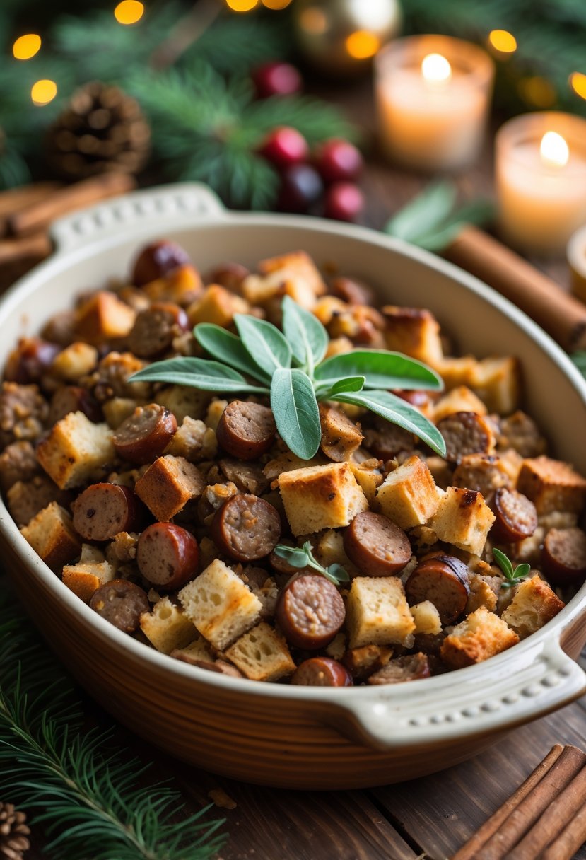 A baked dish of traditional sausage and sage stuffing garnished with fresh sage on a wooden table decorated with Christmas elements.