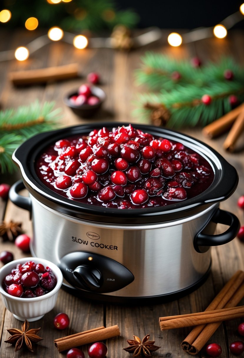 A slow cooker filled with cranberry relish on a wooden table surrounded by Christmas decorations and ingredients.