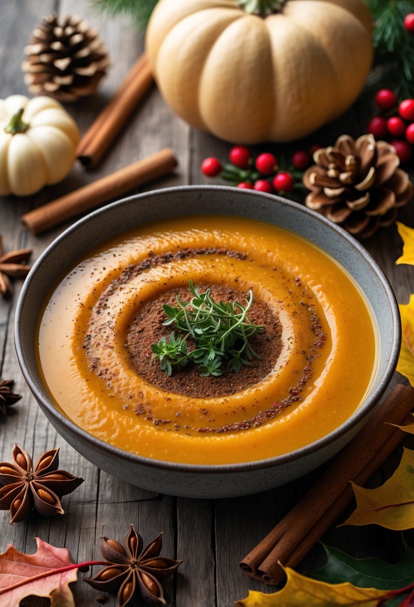 A bowl of butternut squash soup garnished with cinnamon and herbs on a wooden table with Christmas decorations around it.