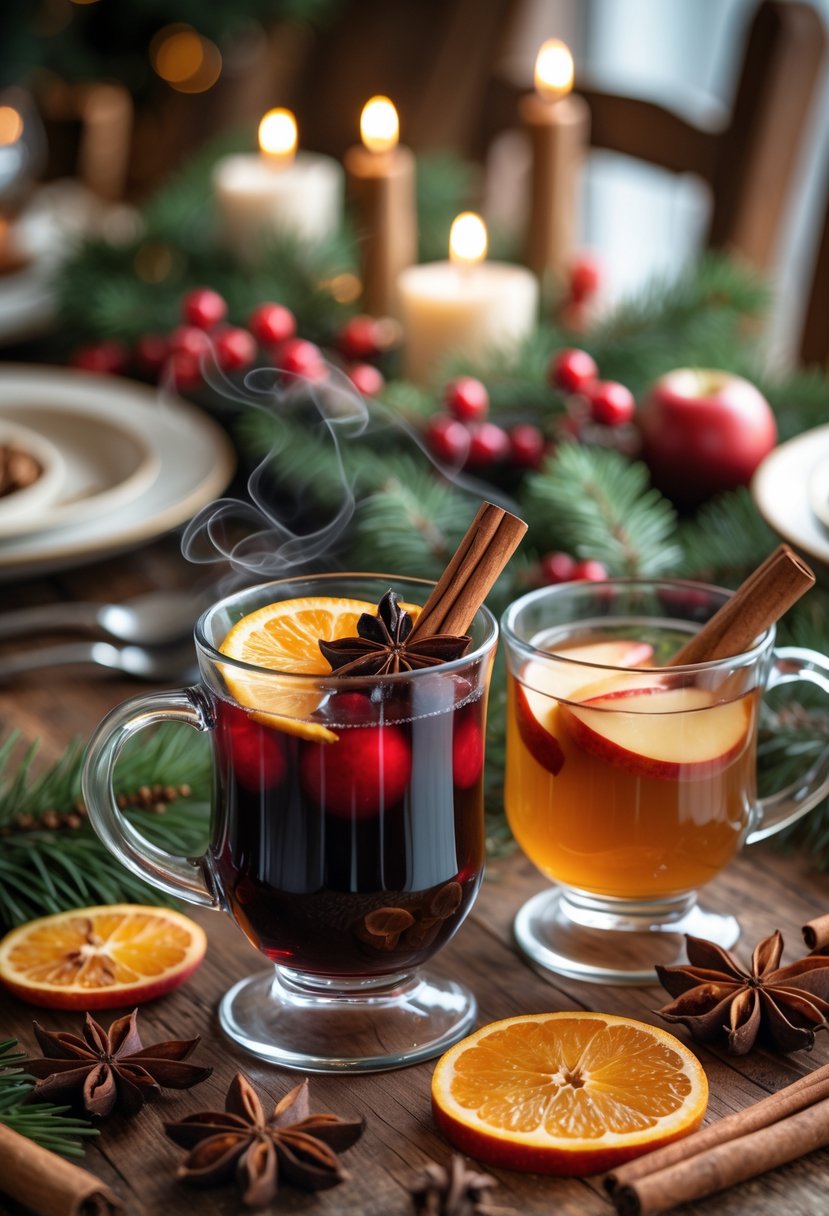 Two glass mugs on a wooden table filled with steaming mulled wine and spiced apple cider, surrounded by holiday spices and decorations.