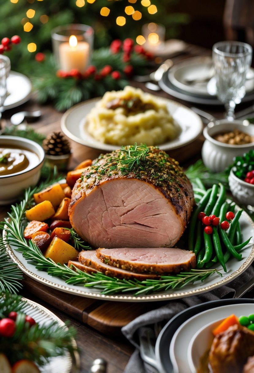 A sliced herb-roasted pork loin served on a festive Christmas dinner table with roasted vegetables and holiday decorations.