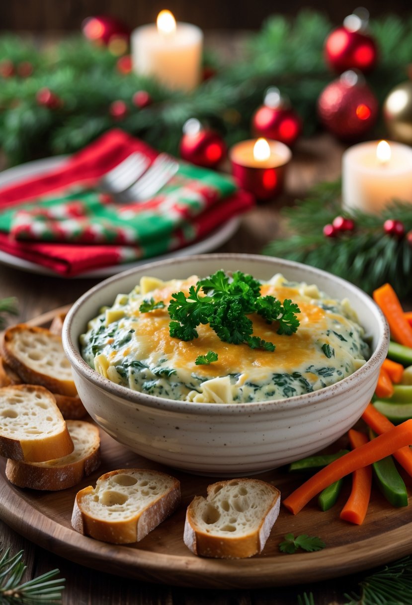 A bowl of creamy spinach and artichoke dip garnished with parsley and melted cheese, surrounded by toasted bread slices and colorful vegetables on a wooden table with Christmas decorations.