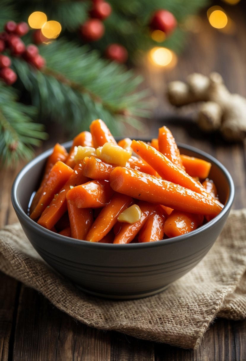 A bowl of glazed carrots coated with honey and ginger on a wooden table with Christmas decorations in the background.