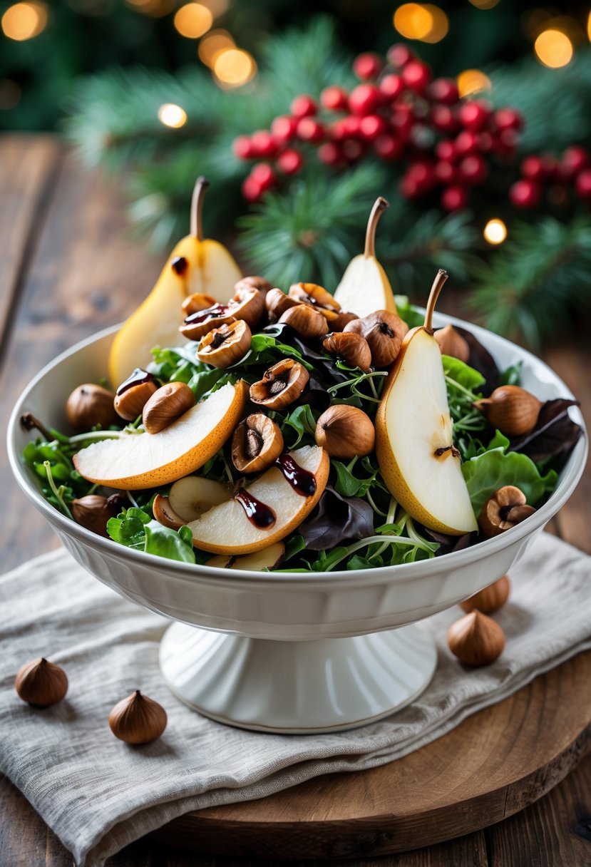 A bowl of chestnut and pear salad with greens and balsamic dressing on a wooden table with Christmas decorations in the background.