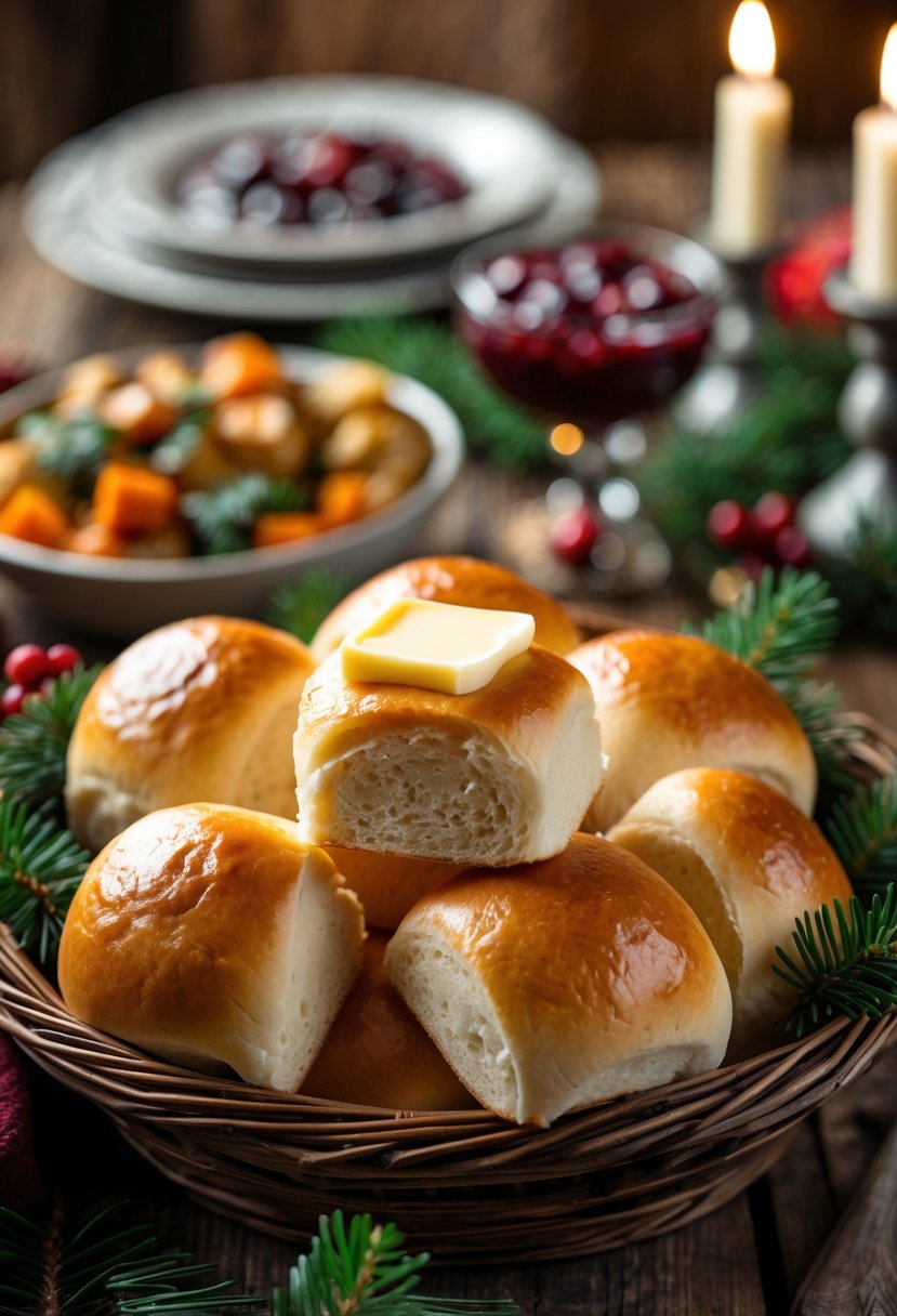 A basket of freshly baked dinner rolls with butter on a wooden table surrounded by festive Christmas dinner decorations.