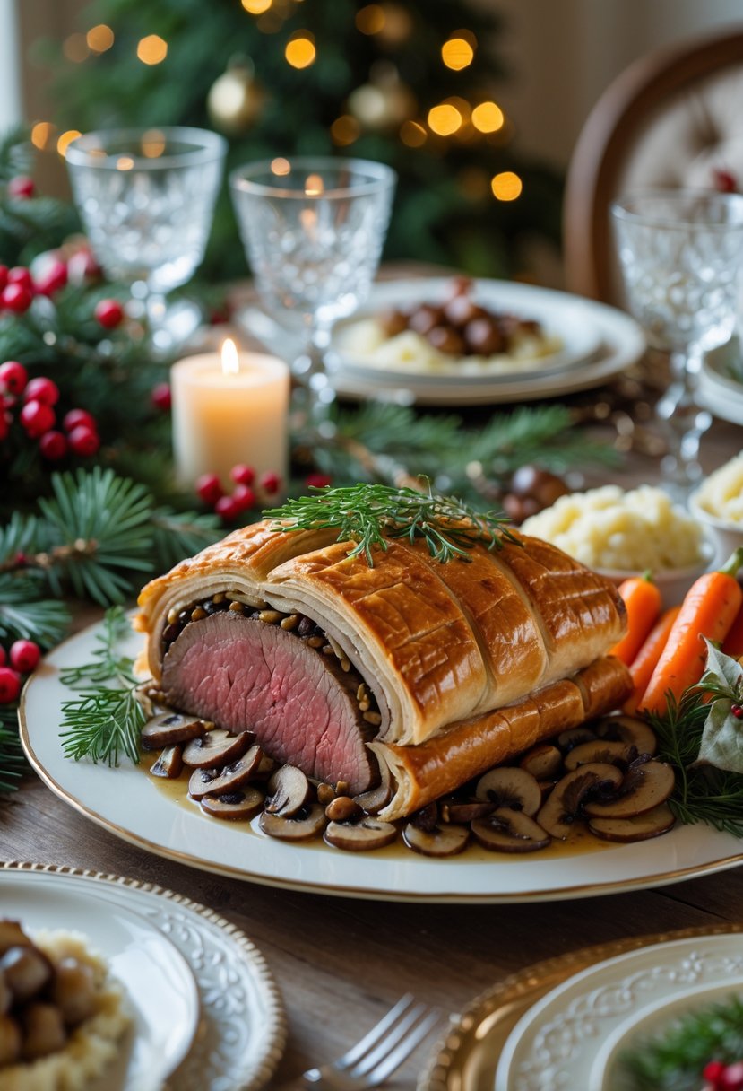 A plated Beef Wellington sliced to show the beef inside, served with roasted vegetables and mashed potatoes on a decorated Christmas dinner table.