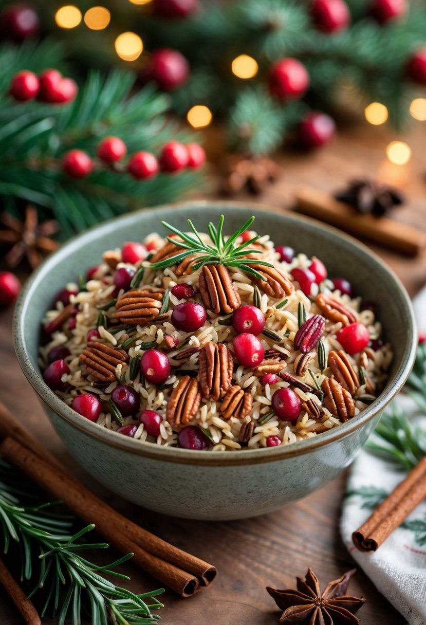 A bowl of cranberry and pecan wild rice pilaf on a wooden table decorated with Christmas greenery and holiday spices.